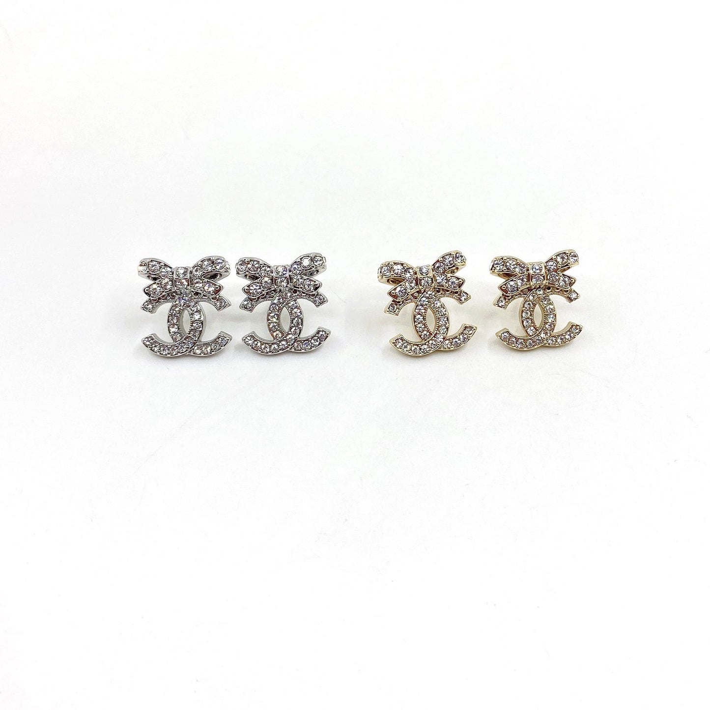 Chanel Strass Bow Stud 18K Gold Earrings