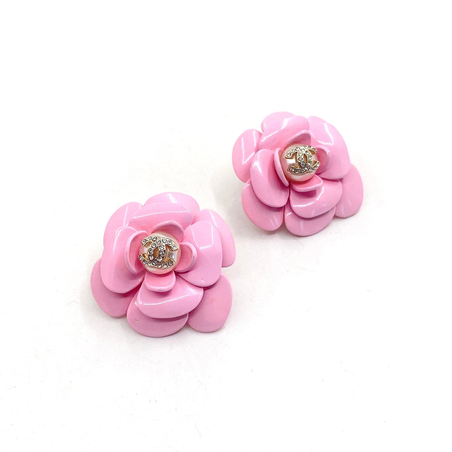 Chanel Pink Camellia Resin 18K Gold Earrings