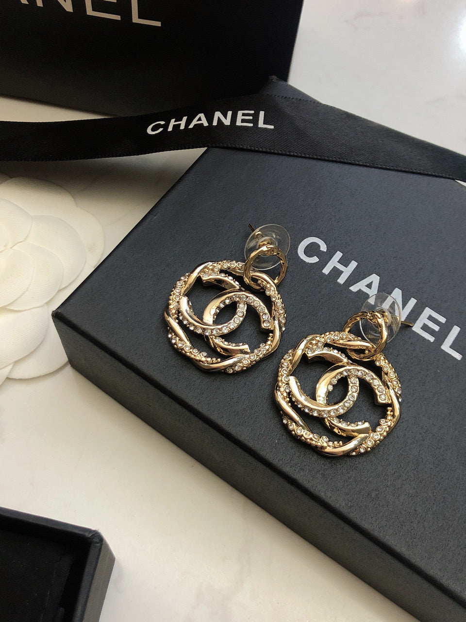 Chanel Round Diamond 18K Gold Earrings