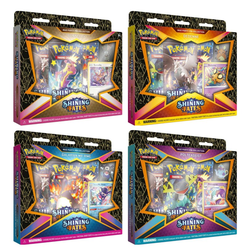 Pok¨¦mon TCG Sword & Shield Shining Fates Mad Party Pin Collection 4X Lot Bunnelby/Dedenne/Galarian Mr. Rime/Polteageist