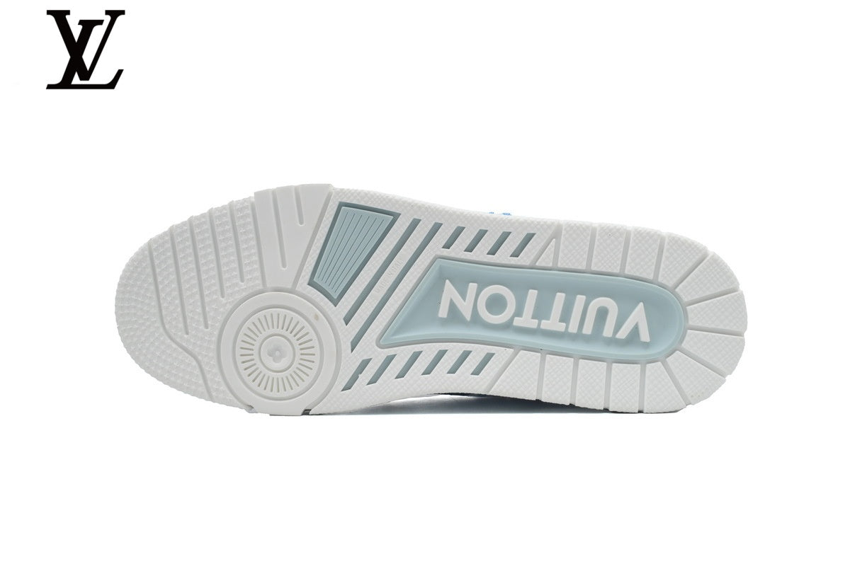 Louis Vuitton Trainer  shoes for man  women Sneaker ¨C Striped Monogram Denim in Light Blue