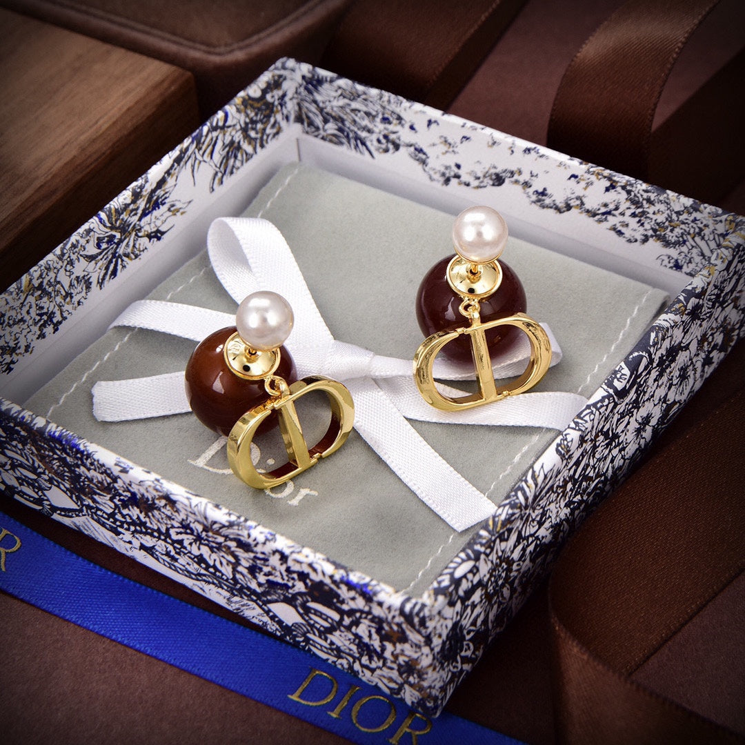 Dior Tribales Brown Resin Pearls 18K Gold Earrings