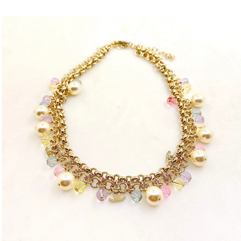Chanel Pink Crystal Chain Links 18K Gold Necklace