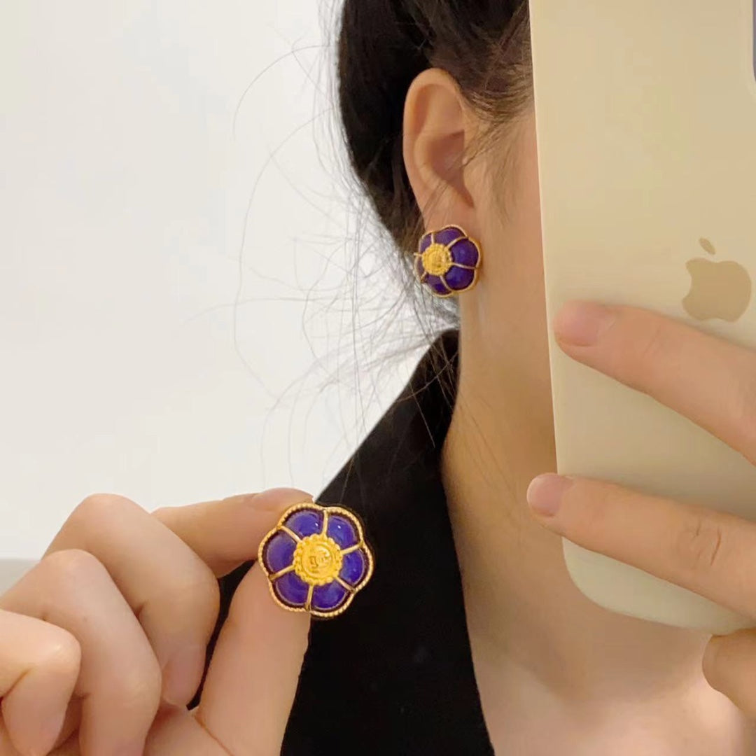 Chanel Purple Flowers 18K Gold Earrings