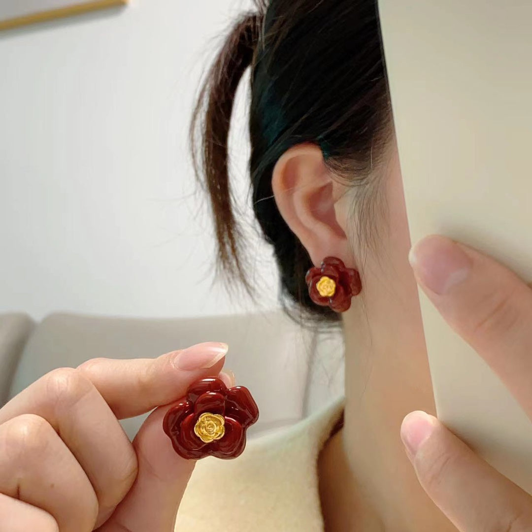 Chanel Red Camellia Resin 18K Gold Earrings