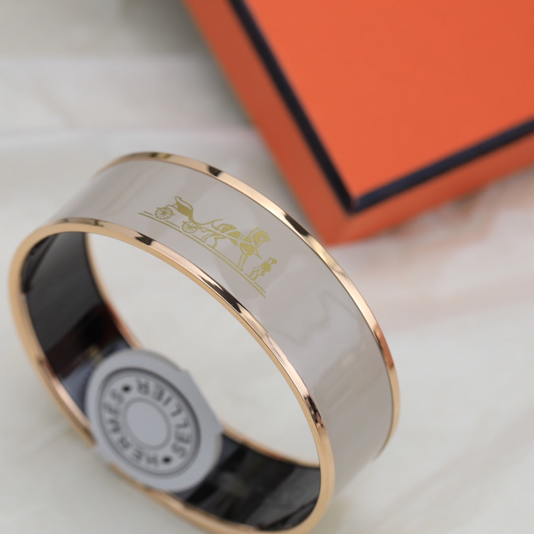 Hermes Enamel Cal ̈ ̈che Wide Bangle 18K Gold Bracelet