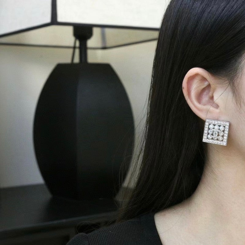 Chanel Diamond & Pearl Square 18K Gold Earrings