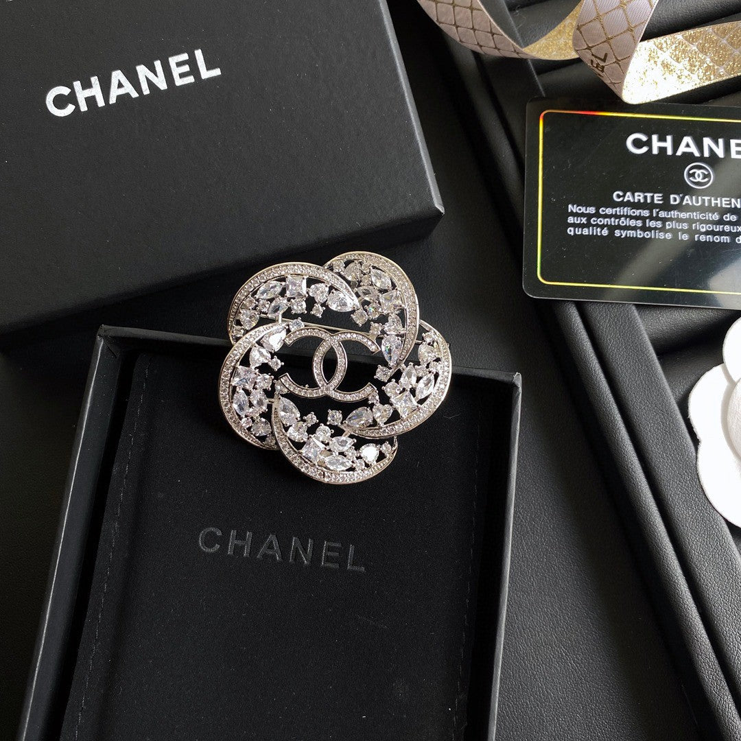 Chanel Camellia Crystals 18K Gold Brooch