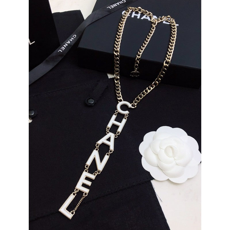 Chanel 22S Big White Logo 18K Gold Necklace
