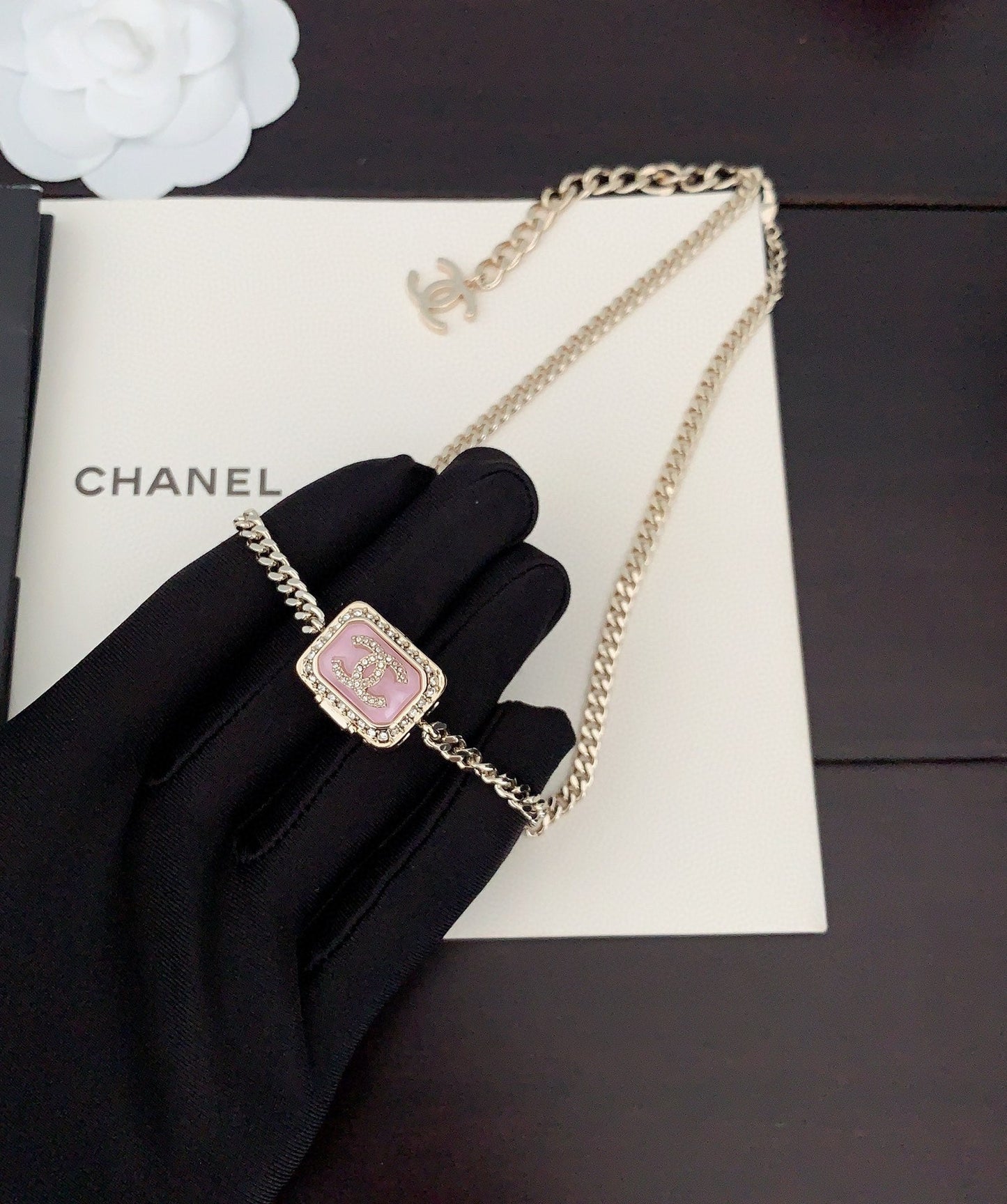 Chanel Pink Resin Chain 18K Gold Necklace