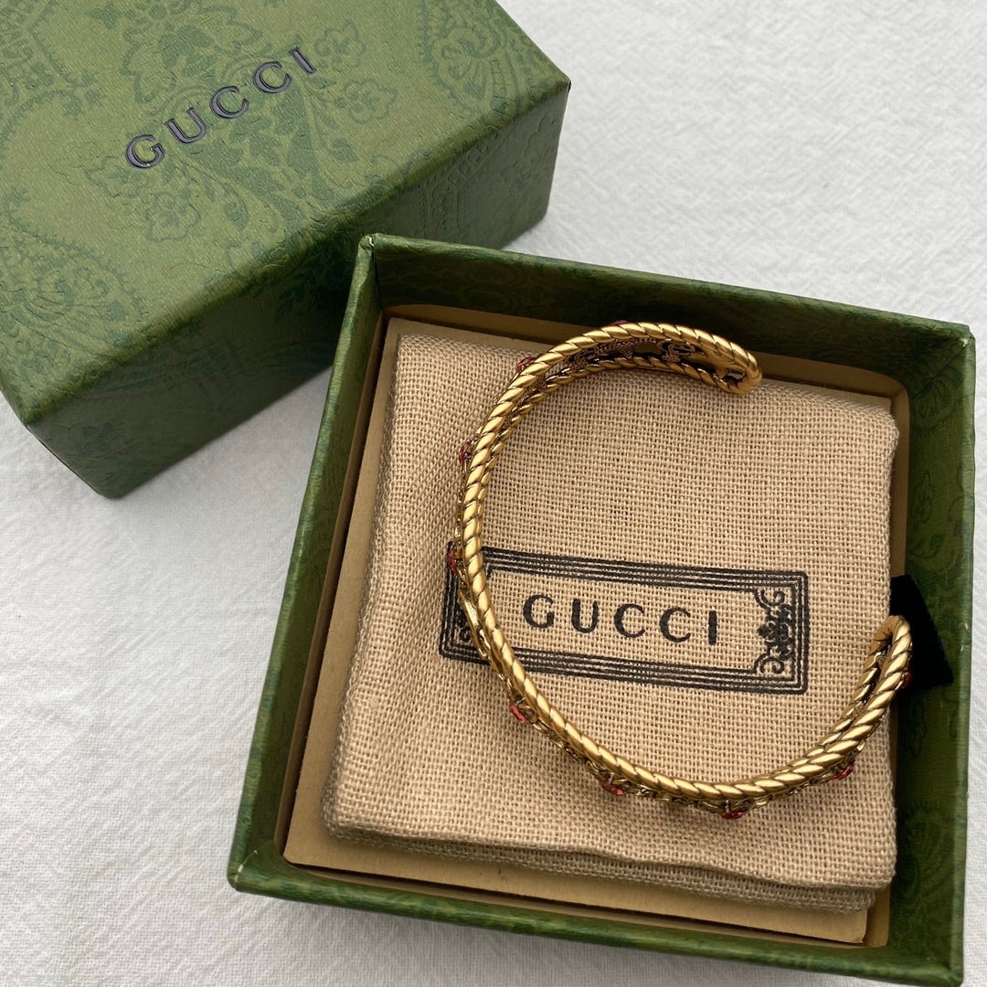 Gucci Double Red Crystal Flower Cuff 18K Gold Bracelet