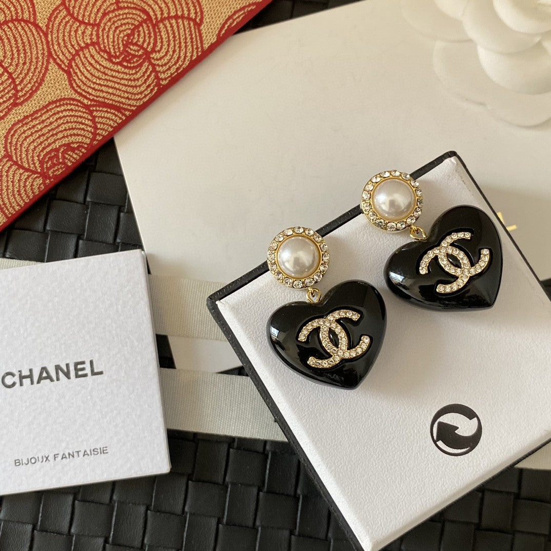 Chanel Black Heart 18K Gold Earrings