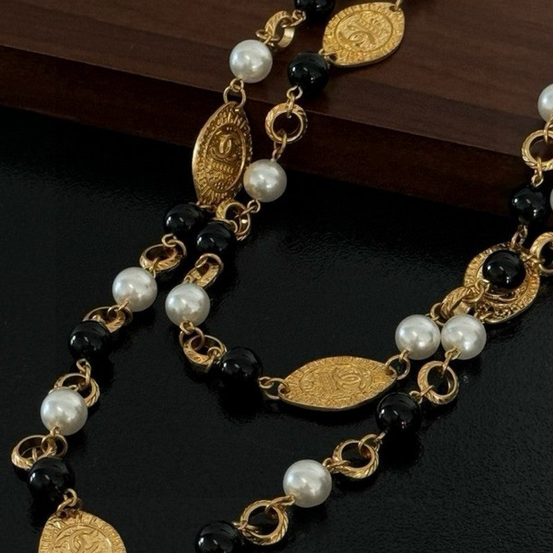 Chanel Long Black & White Pearls 18K Gold Necklace