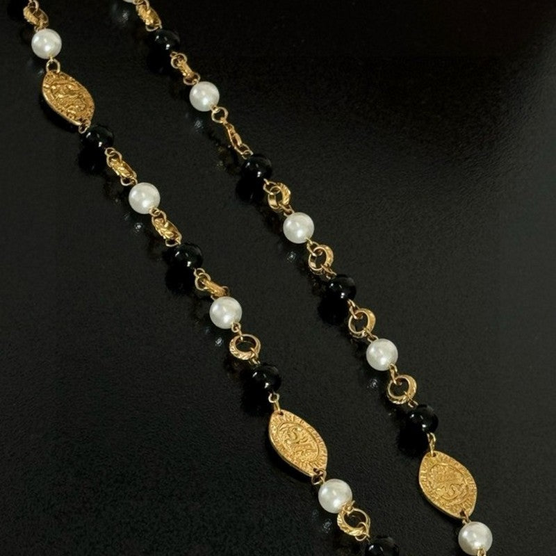 Chanel Long Black & White Pearls 18K Gold Necklace