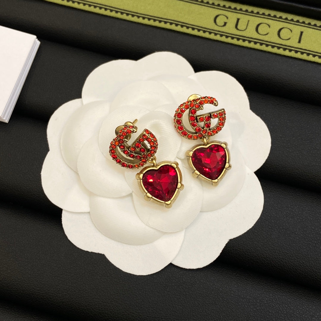Gucci Double Red Crystal 18K Gold Earrings