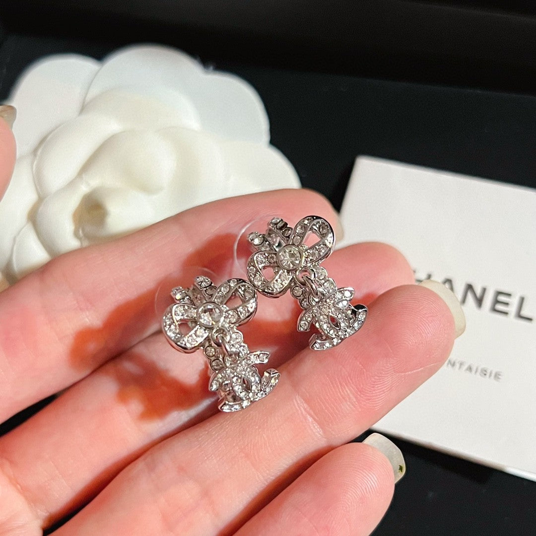 Chanel Diamond Pendant 18K Gold Earrings