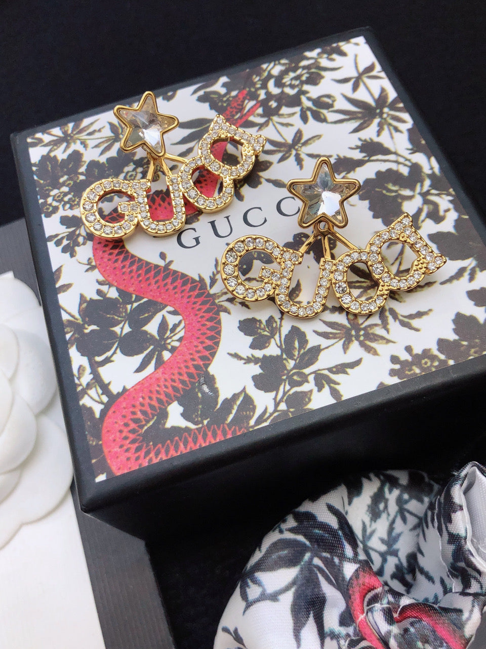 Gucci Double Script Star 18K Gold Earrings