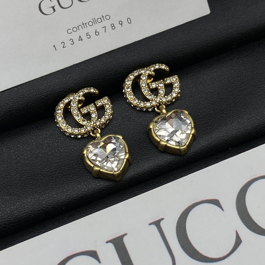 Gucci Double Crystal Pendant 18K Gold Earrings