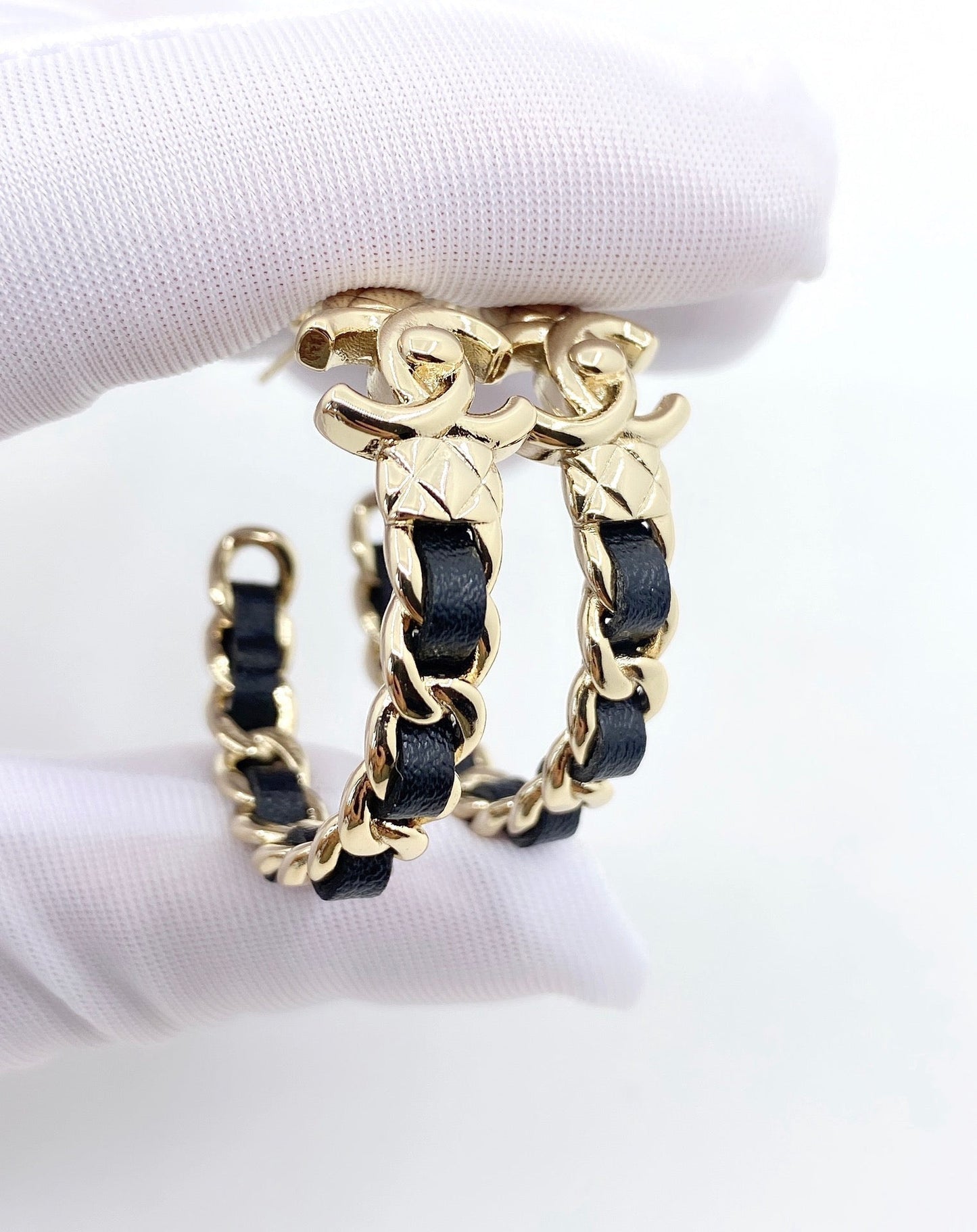Chanel Circle Leather 18K Gold Earrings
