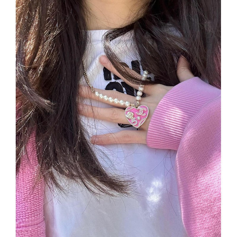 Chanel Pink & Black Heart Pearl 18K Gold Necklace