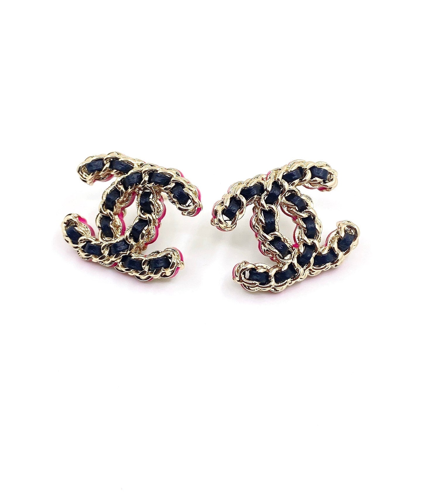 Chanel Pink Resin Leather 18K Gold Earrings