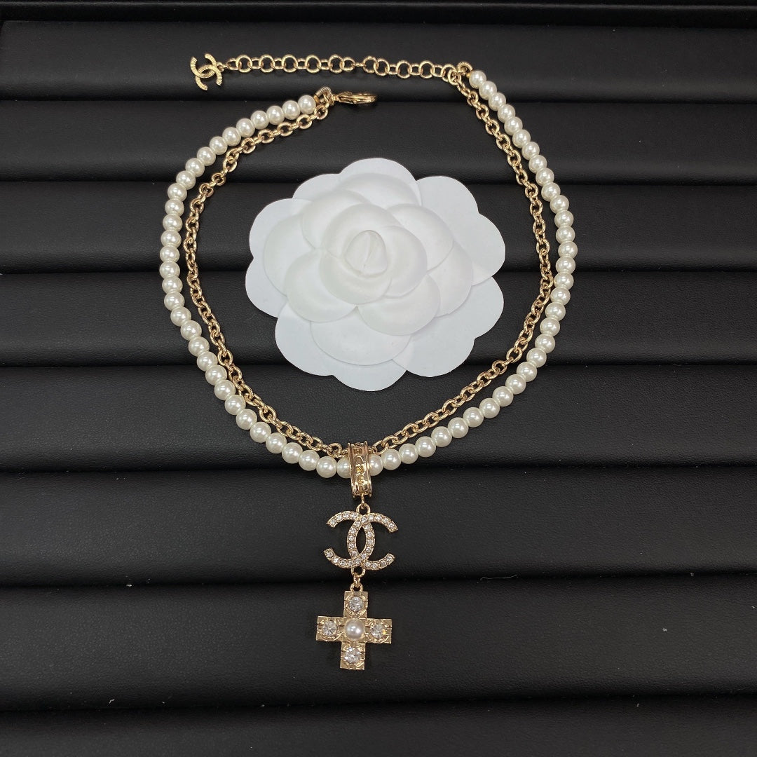 Chanel Cross Diamond Pearl Chain 18K Gold Necklace