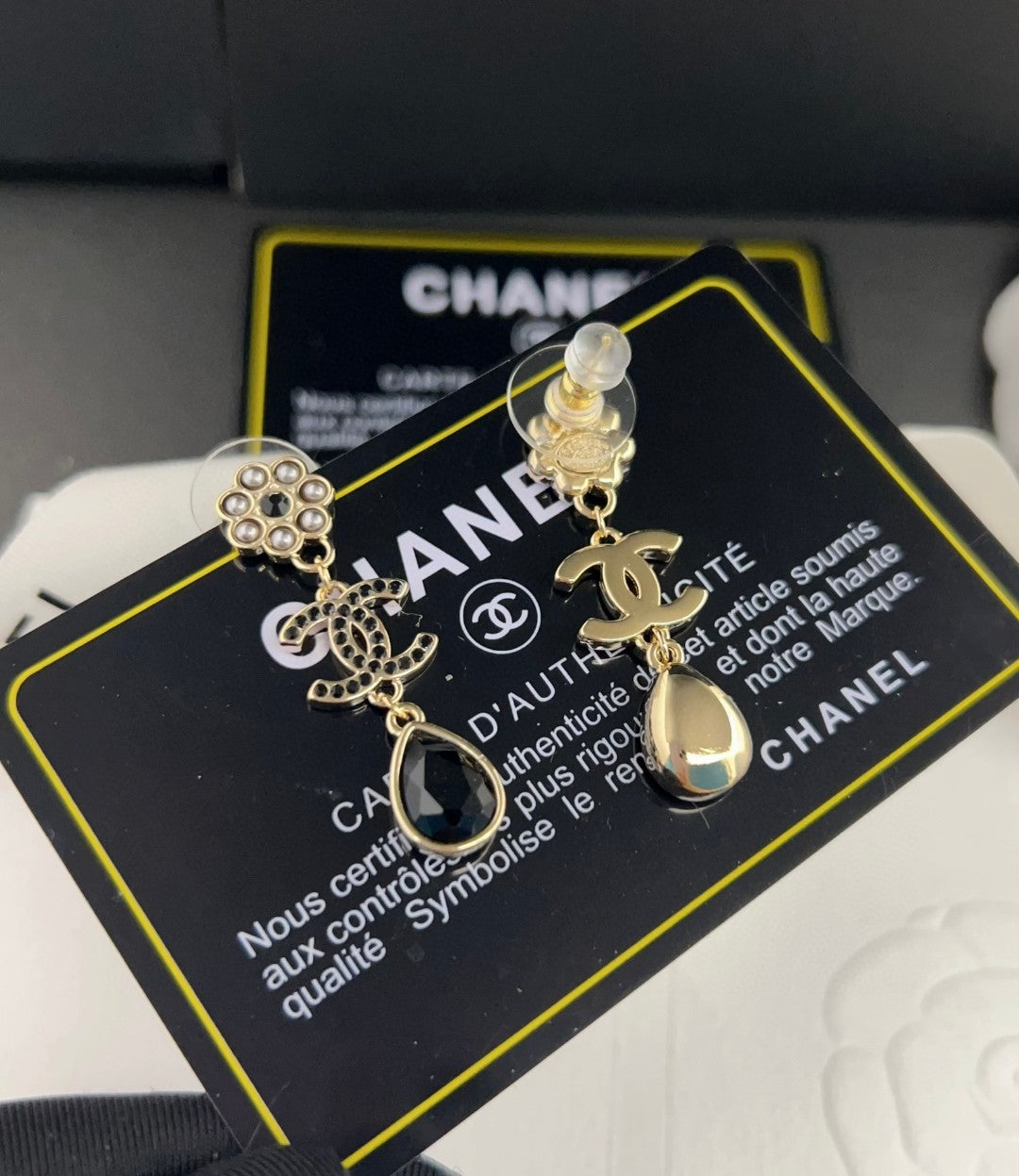 Chanel Black Crystals 18K Gold Earrings