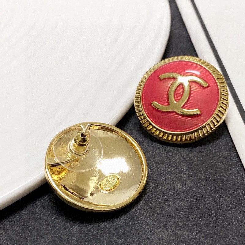 Chanel Pink Round 18K Gold Earrings