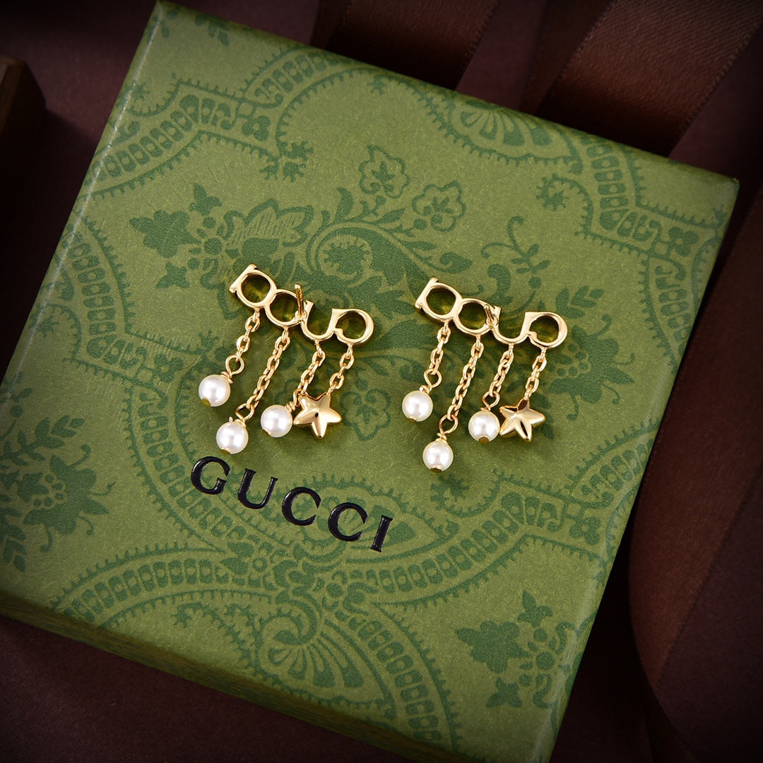 Gucci Double Script Pearl 18K Gold Earrings