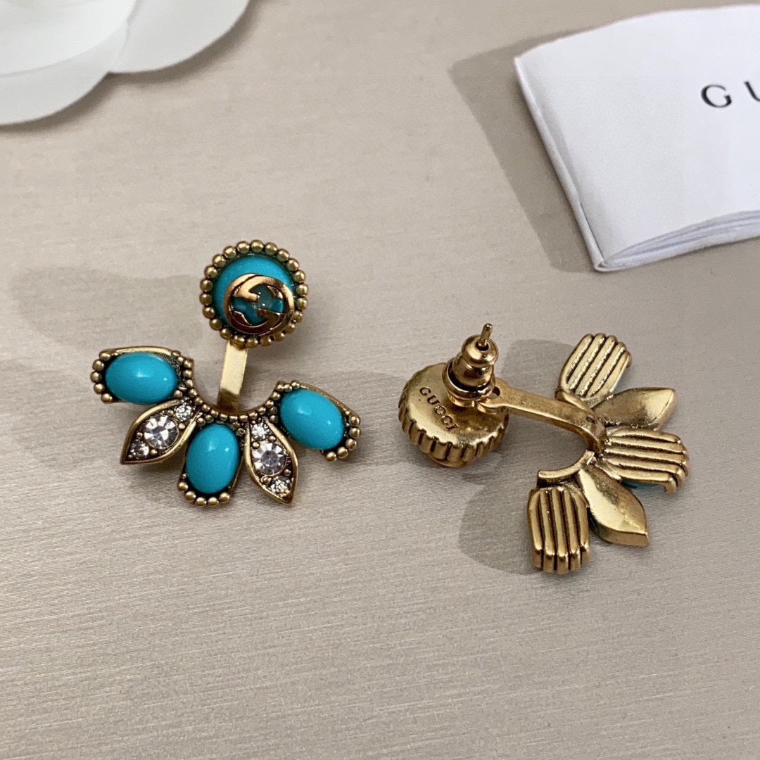 Gucci Double Blue Flowers 18K Gold Earrings