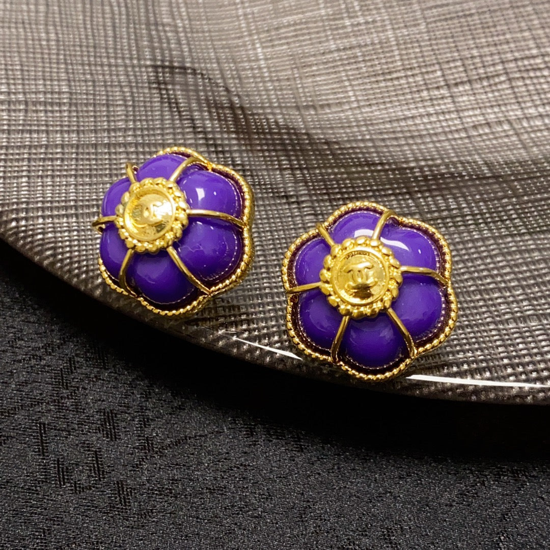 Chanel Purple Flowers 18K Gold Earrings