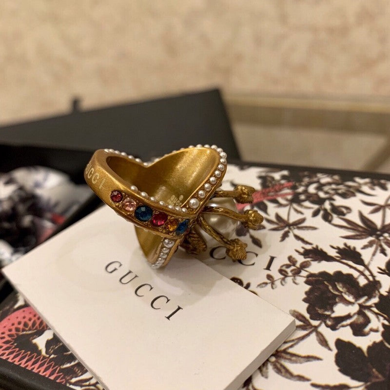 Gucci Double Multistone Pearl 18K Gold Ring