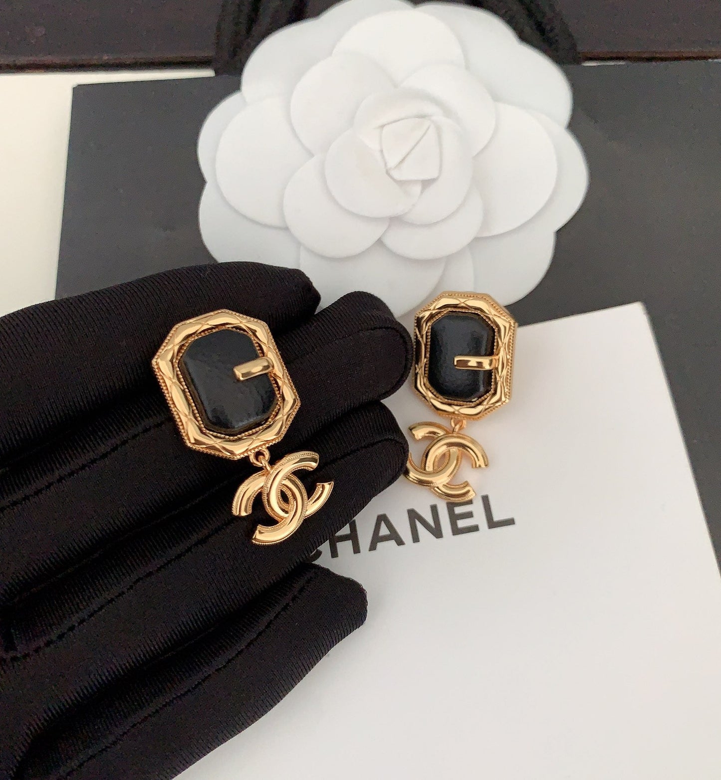 Chanel Pendant Leather 18K Gold Earrings