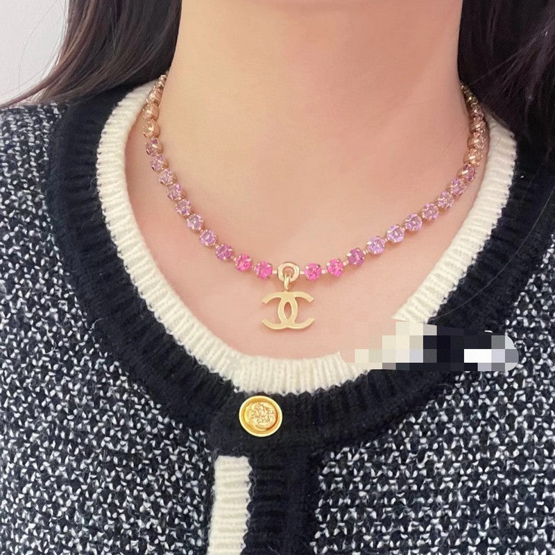 Chanel Pink Crystal 18K Gold Necklace