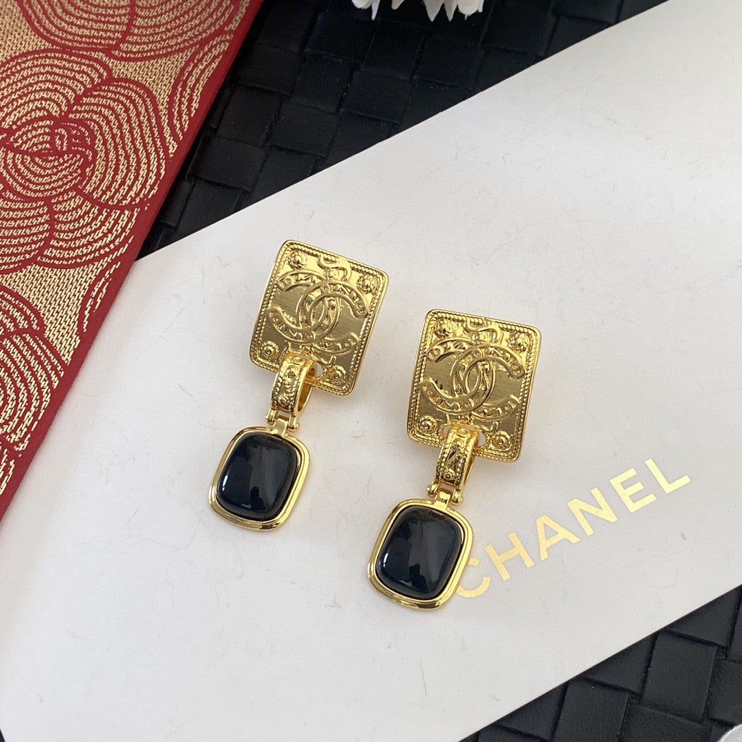 Chanel Black Crystal 18K Gold Earrings