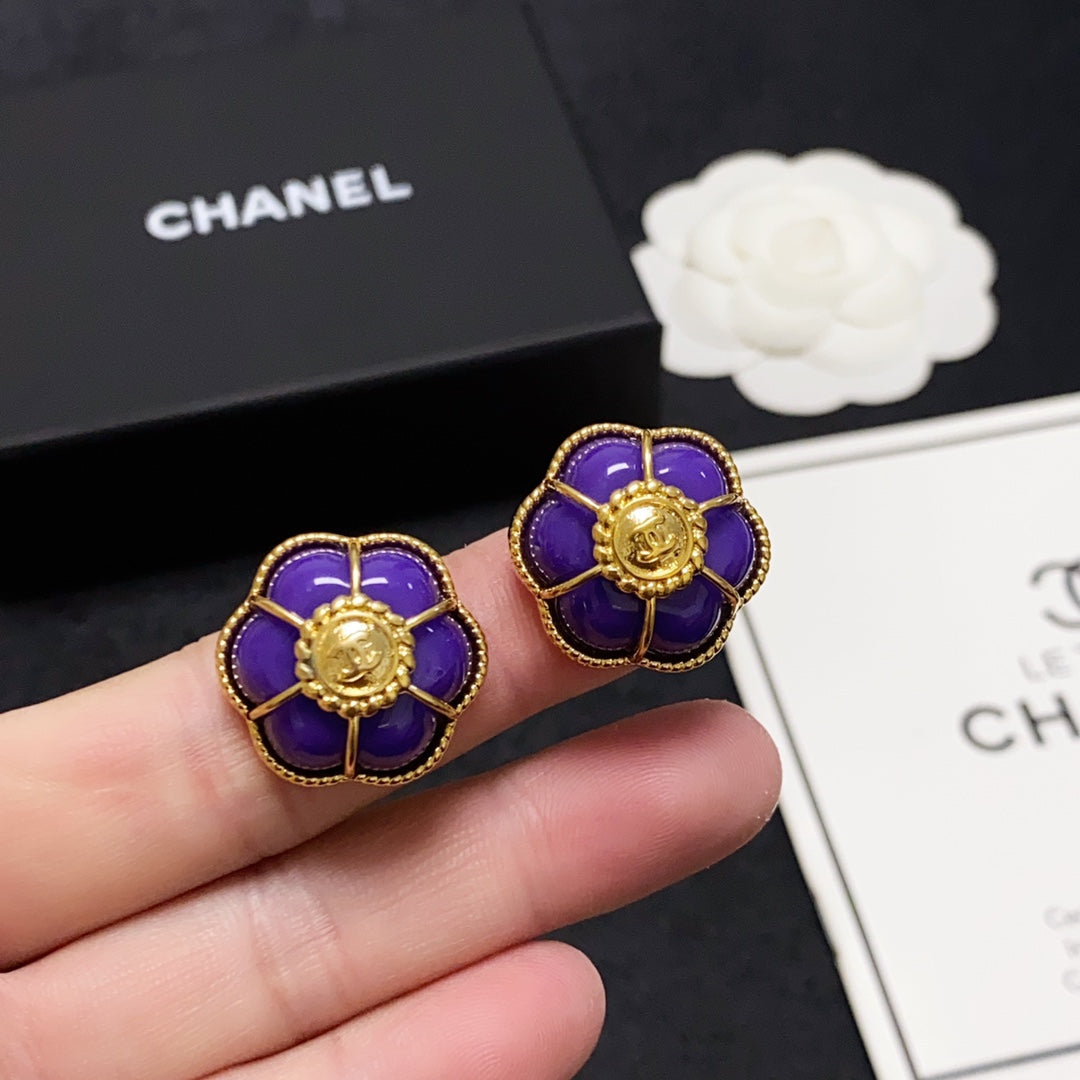 Chanel Purple Flowers 18K Gold Earrings