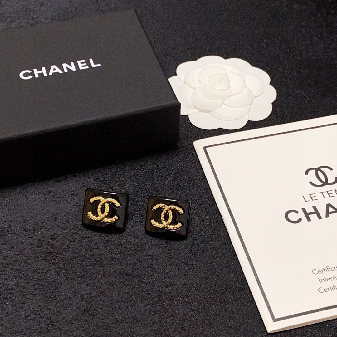 Chanel Black Resin Square 18K Gold Earrings